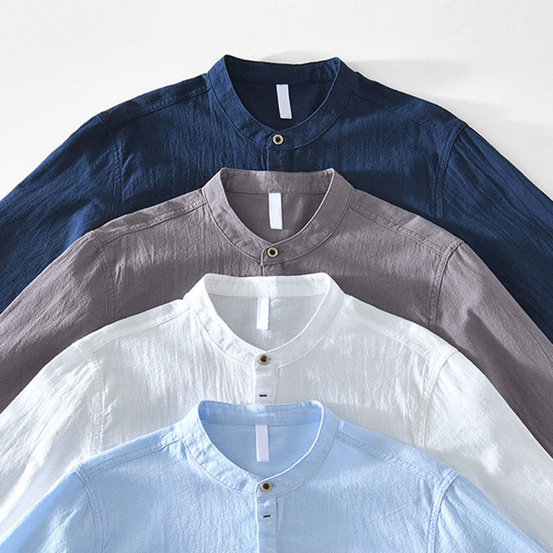 Spring Fall Solid Long Sleeve Half Button Cotton Men's Shirts - Image 10