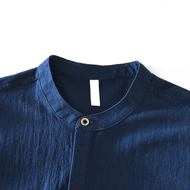 Spring Fall Solid Long Sleeve Half Button Cotton Men's Shirts - Image 18