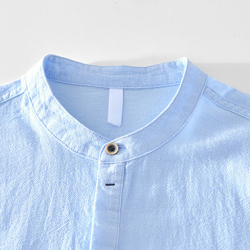 Spring Fall Solid Long Sleeve Half Button Cotton Men's Shirts - Image 19