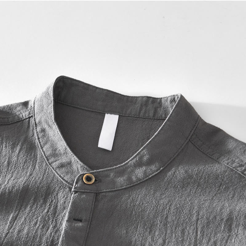 Spring Fall Solid Long Sleeve Half Button Cotton Men's Shirts - Image 16