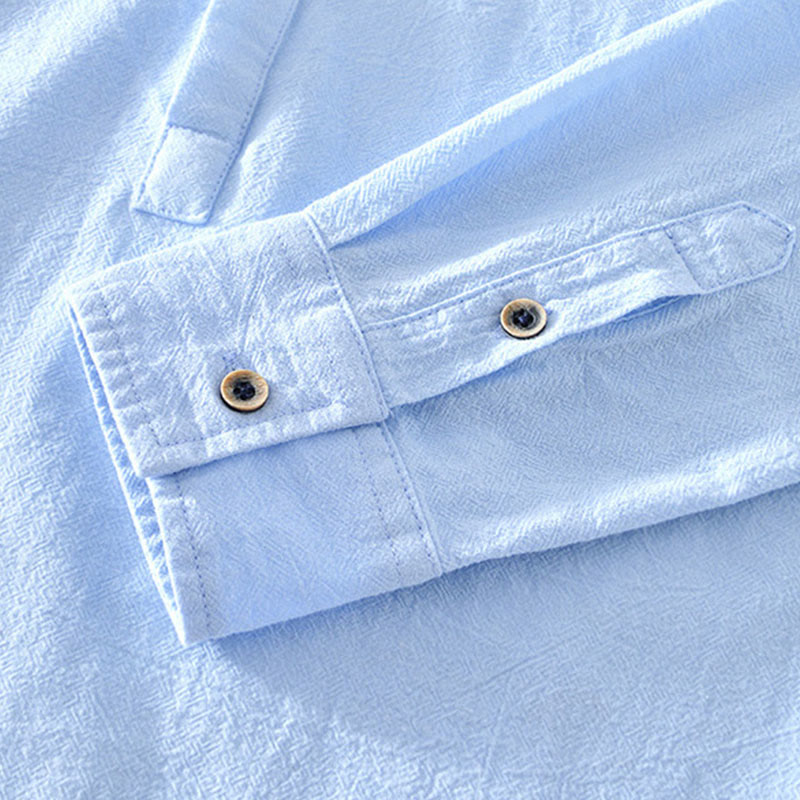 Spring Fall Solid Long Sleeve Half Button Cotton Men's Shirts - Image 22