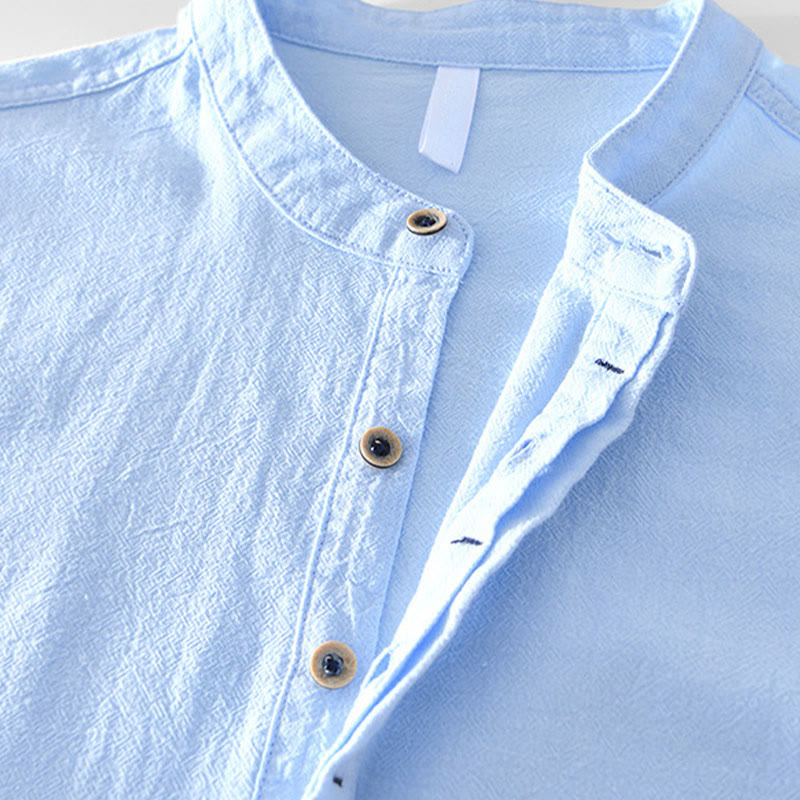 Spring Fall Solid Long Sleeve Half Button Cotton Men's Shirts - Image 20