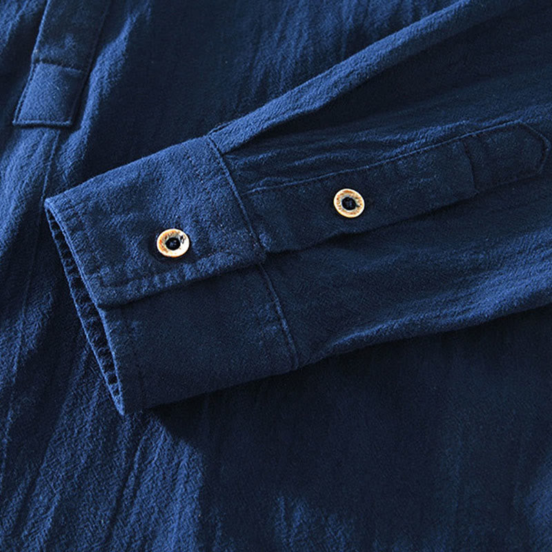 Spring Fall Solid Long Sleeve Half Button Cotton Men's Shirts - Image 21