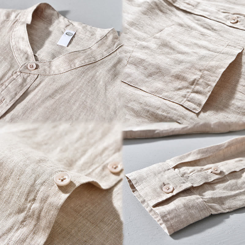 Simple Fall Long Sleeve Buttons Design Linen Men's Shirts - Image 8