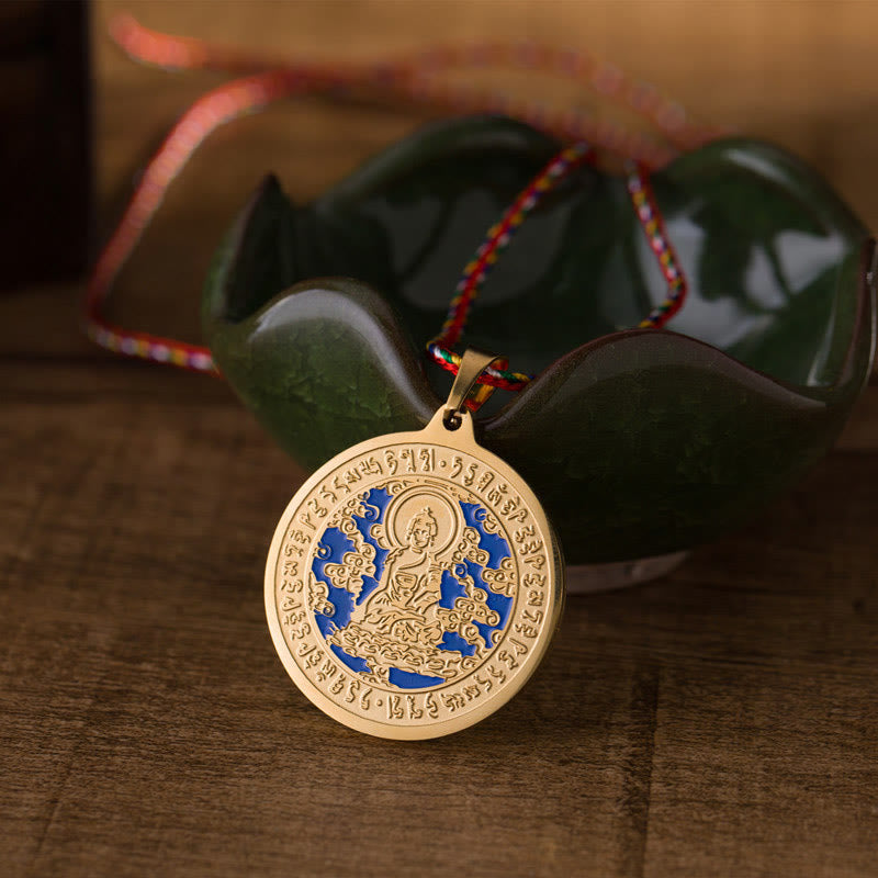 Blue Medicine Buddha Heart Mantra Titanium Steel Faith Colored Rope Necklace Pendant