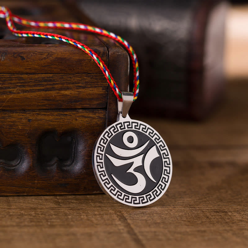 Om Hum Sanskrit Titanium Steel Luck Colored Rope Necklace Pendant - Image 3