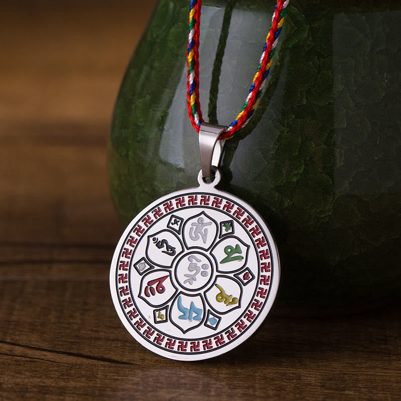 Colorful Om Mani Padme Hum Titanium Steel Protection Rope Necklace Pendant