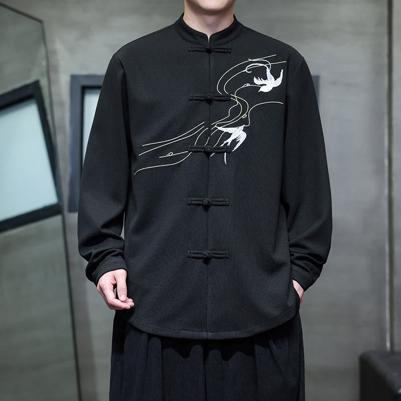 Frog-Button Swallow Embroidery Stand Collar Long Sleeve Tang Suit Men's Shirt