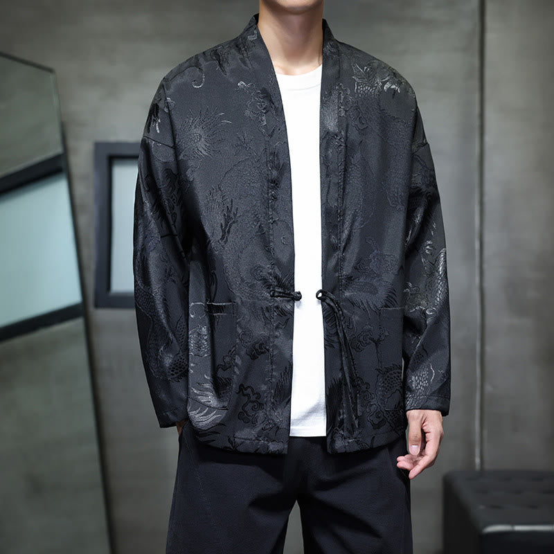 Frog-Button Dragon Jacquard Stand Collar Long Sleeve Tang Suit Men's Shirt