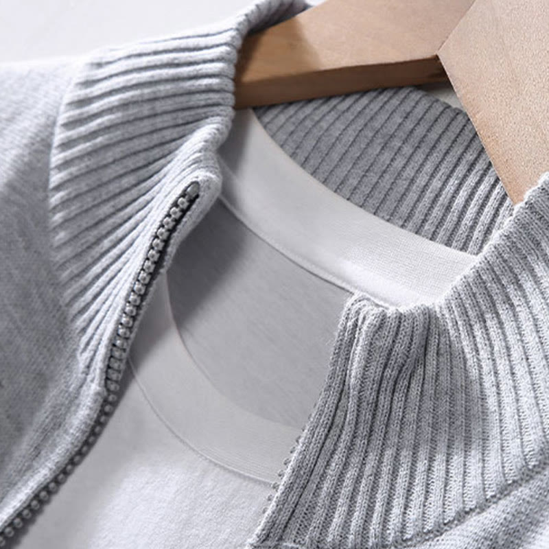 Plain Zipper Ribbed Bottom Hem Design Men's Long Sleeve Cotton Jacket - Image 3