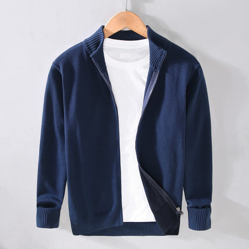 Plain Zipper Ribbed Bottom Hem Design Men's Long Sleeve Cotton Jacket - Image 13