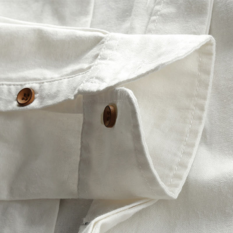 Men's Slim Fit Design Stand Collar Crew Neck Long Sleeve Cotton Linen Shirt - Image 10