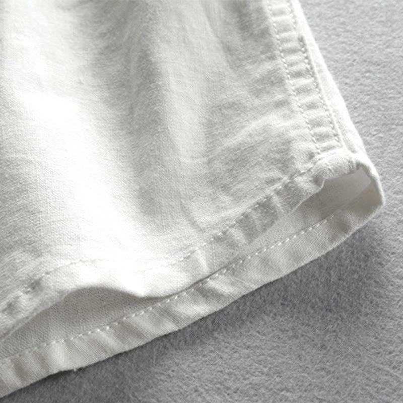 Men's Slim Fit Design Stand Collar Crew Neck Long Sleeve Cotton Linen Shirt - Image 9