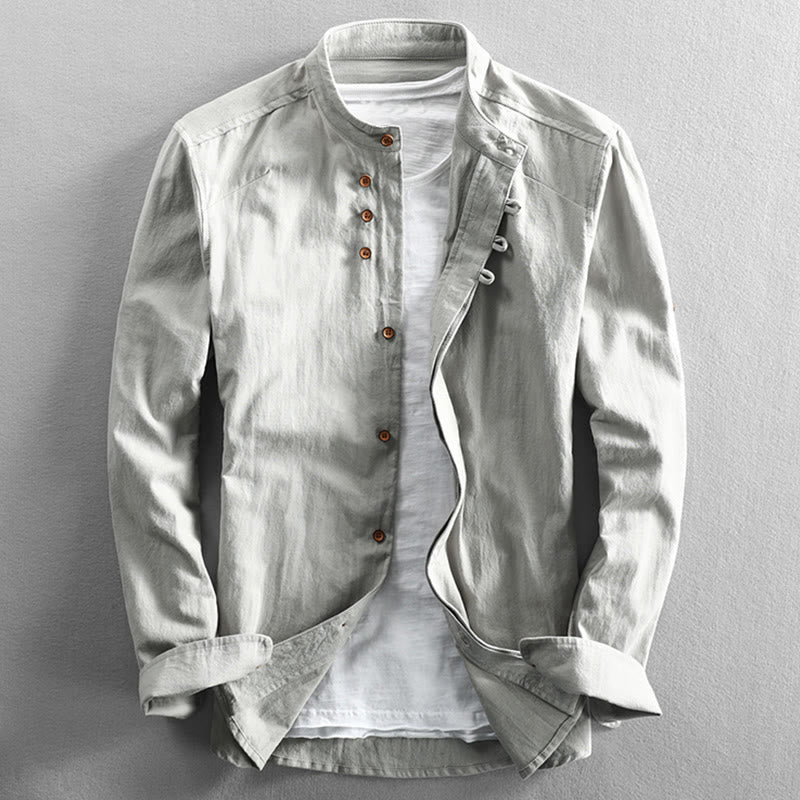 Men's Slim Fit Design Stand Collar Crew Neck Long Sleeve Cotton Linen Shirt - Image 13