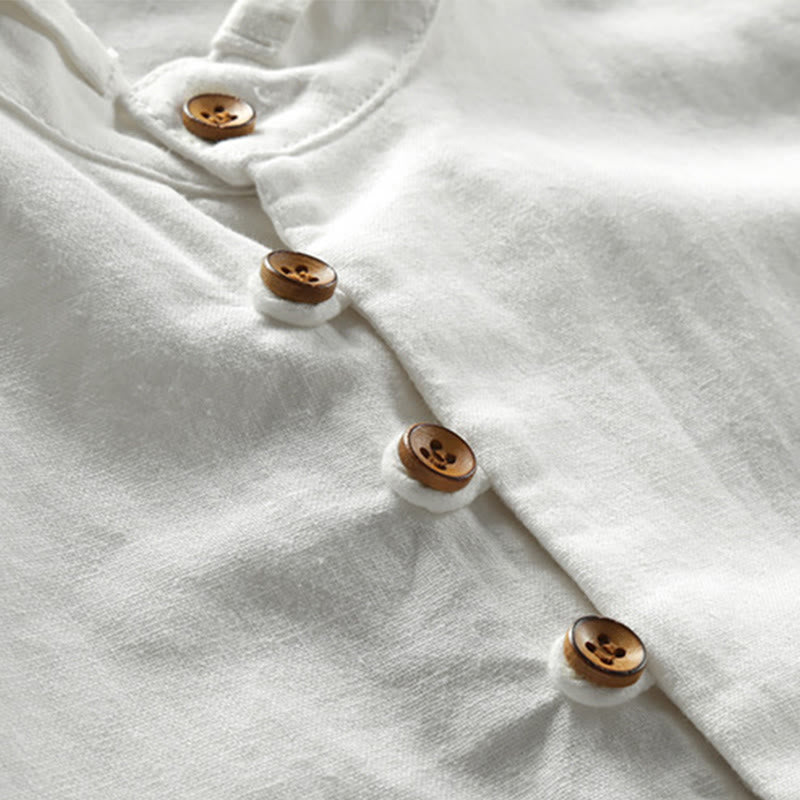 Men's Slim Fit Design Stand Collar Crew Neck Long Sleeve Cotton Linen Shirt - Image 6