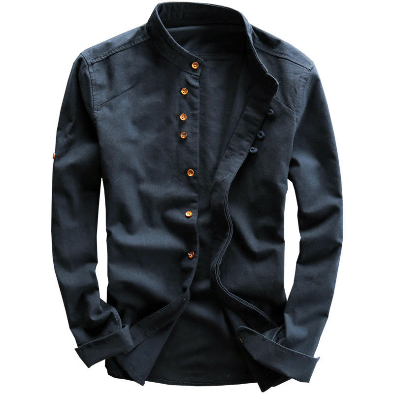Men's Slim Fit Design Stand Collar Crew Neck Long Sleeve Cotton Linen Shirt - Image 3