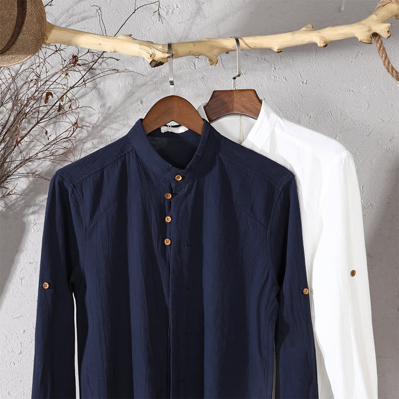 Men's Slim Fit Design Stand Collar Crew Neck Long Sleeve Cotton Linen Shirt - Image 15