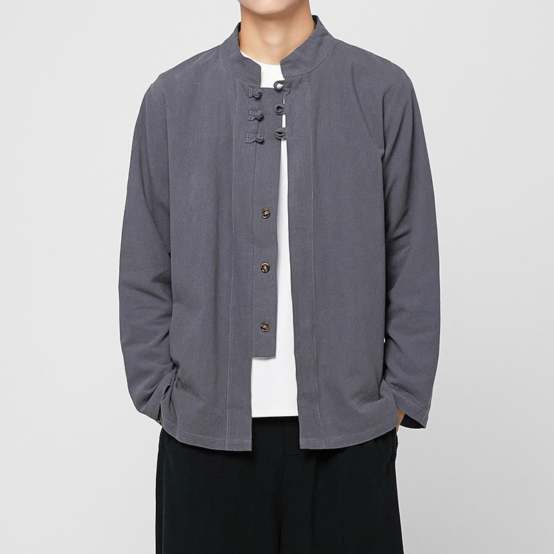 Chinese Frog-Button Side Slit Men's Long Sleeve Cotton Tang Suit Shirt