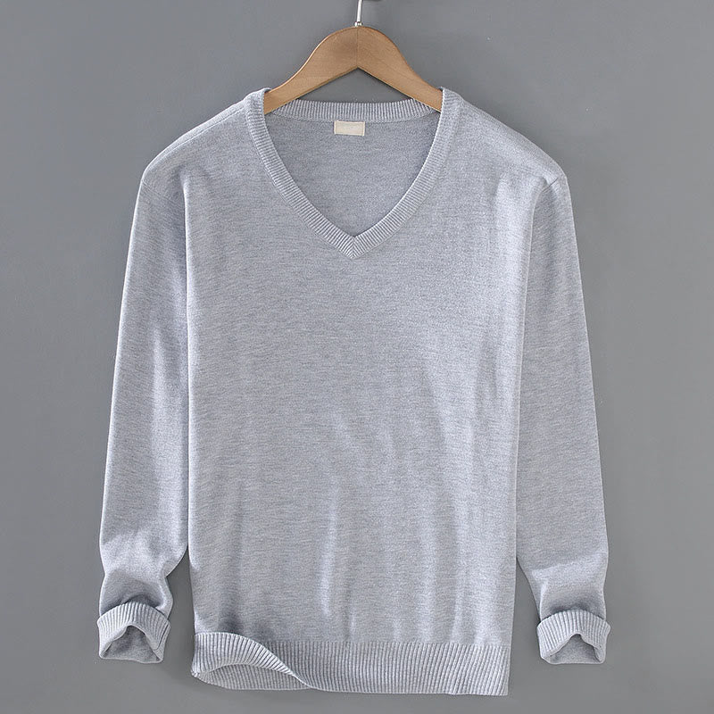 Solid Color V-Neck Cotton Simple Design Men's Long Sleeve Sweater