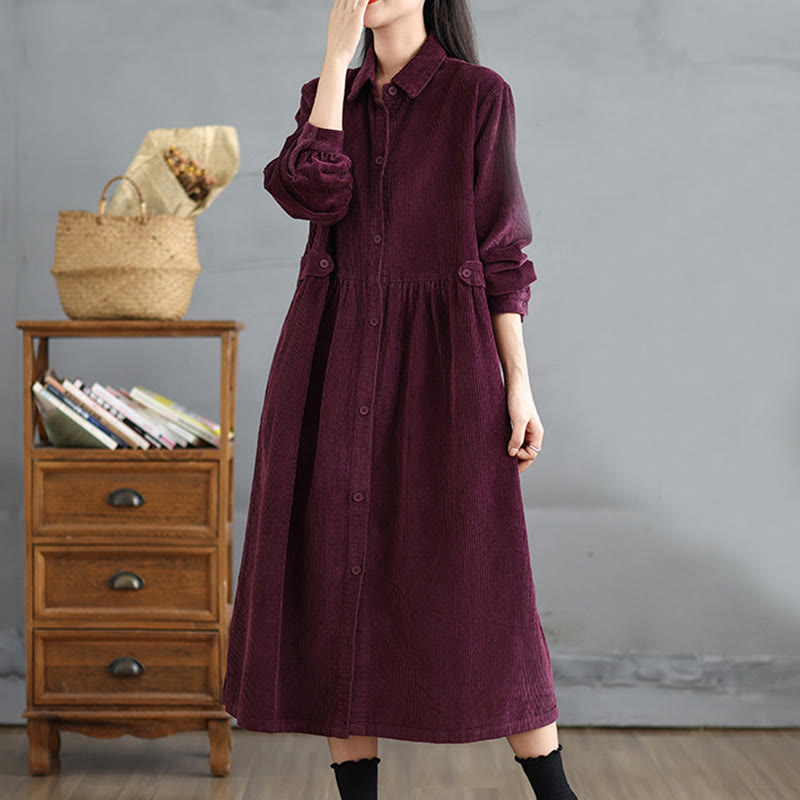 Plain Buttons Long Sleeve Women's Cotton Corduroy Coat With Pockets - Image 19