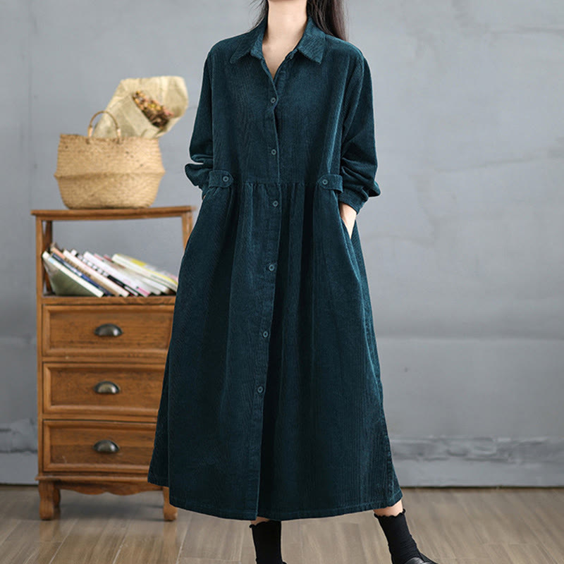 Plain Buttons Long Sleeve Women's Cotton Corduroy Coat With Pockets - Image 24
