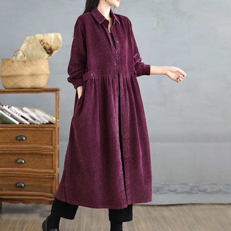 Plain Buttons Long Sleeve Women's Cotton Corduroy Coat With Pockets - Image 20