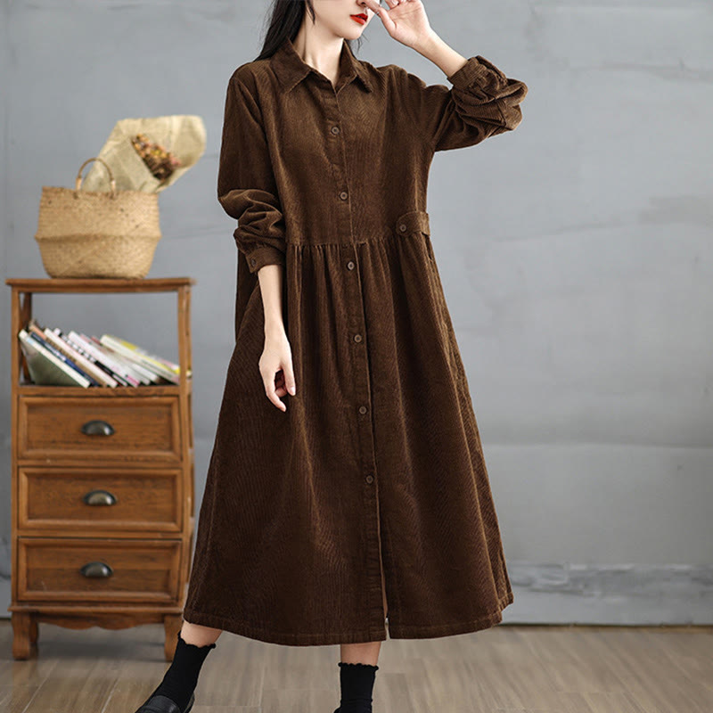 Plain Buttons Long Sleeve Women's Cotton Corduroy Coat With Pockets