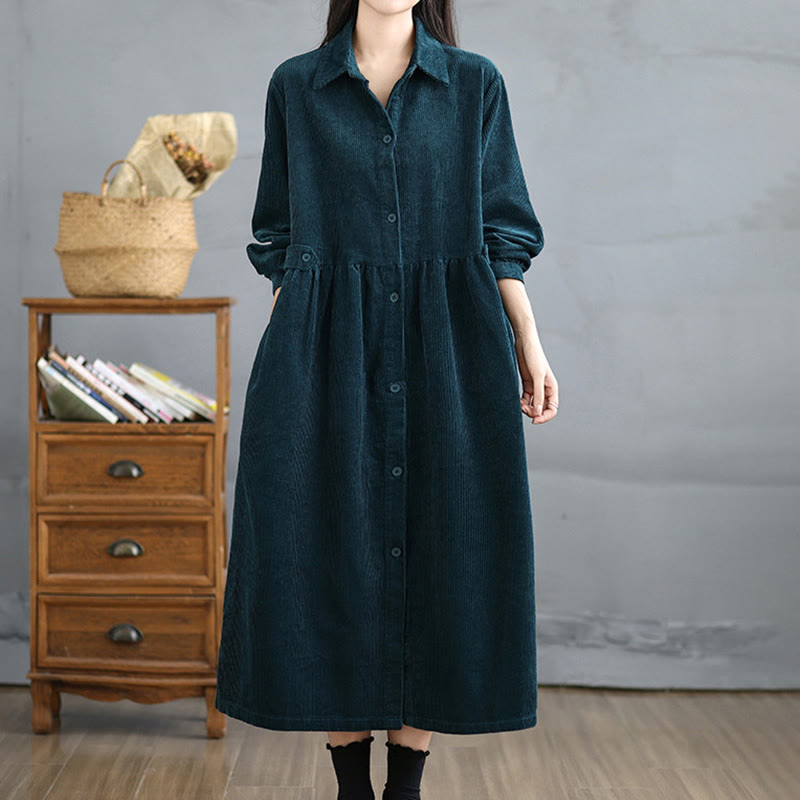 Plain Buttons Long Sleeve Women's Cotton Corduroy Coat With Pockets - Image 29