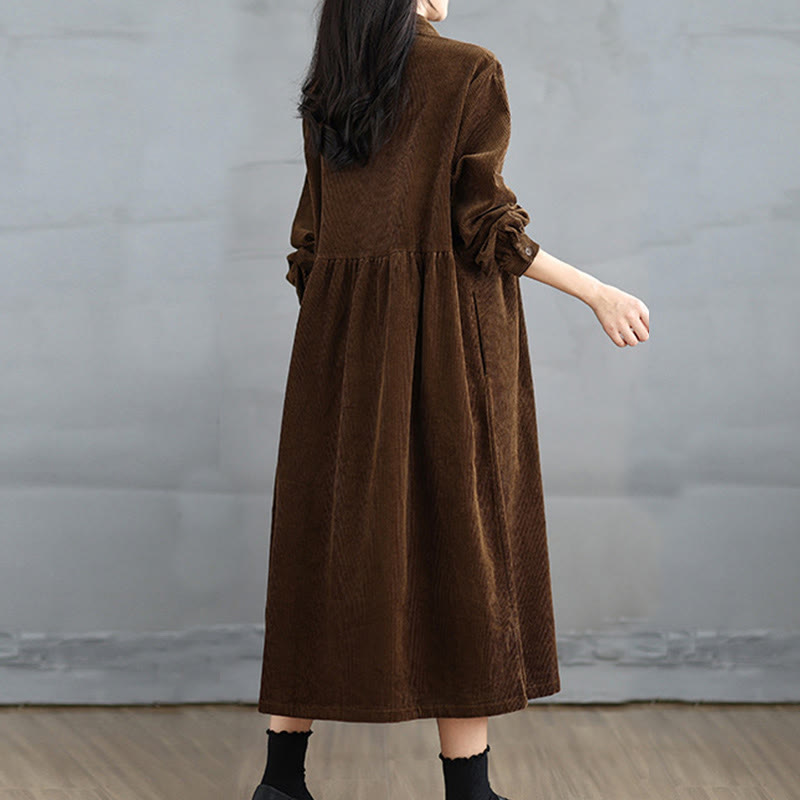 Plain Buttons Long Sleeve Women's Cotton Corduroy Coat With Pockets - Image 5