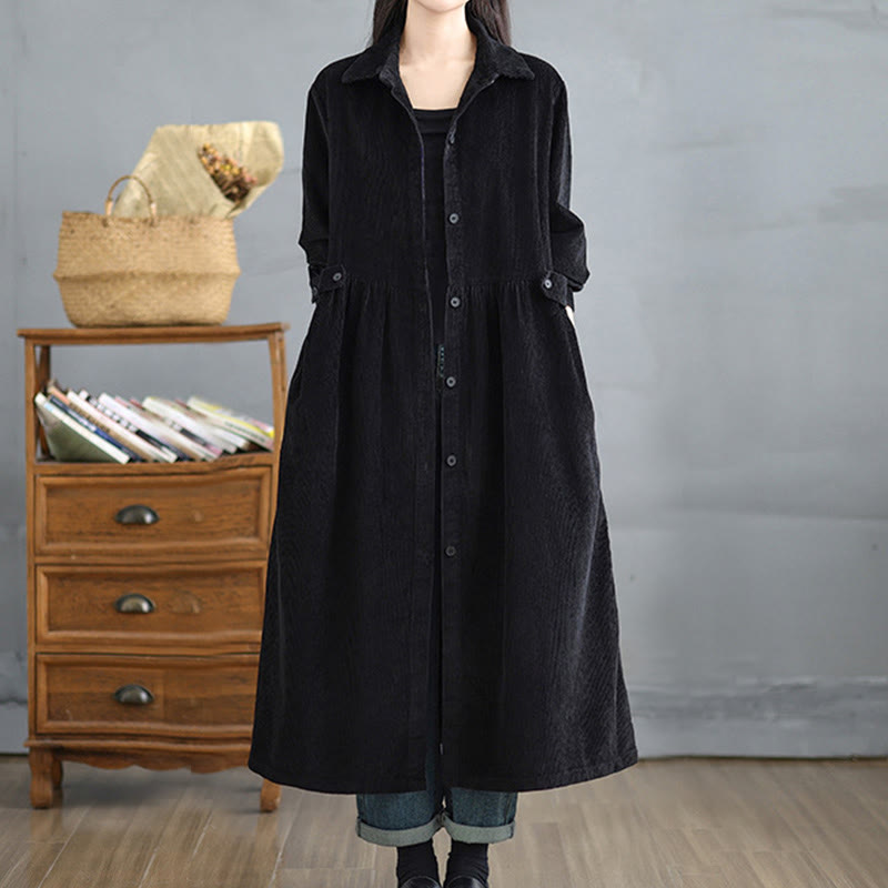 Plain Buttons Long Sleeve Women's Cotton Corduroy Coat With Pockets - Image 15