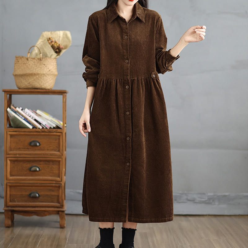 Plain Buttons Long Sleeve Women's Cotton Corduroy Coat With Pockets - Image 4
