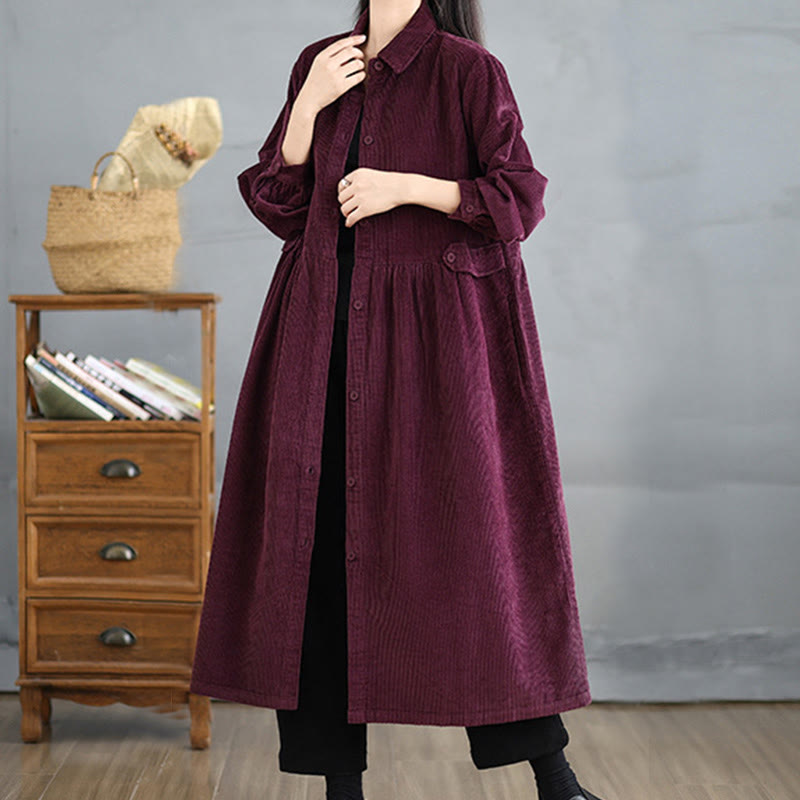 Plain Buttons Long Sleeve Women's Cotton Corduroy Coat With Pockets - Image 22