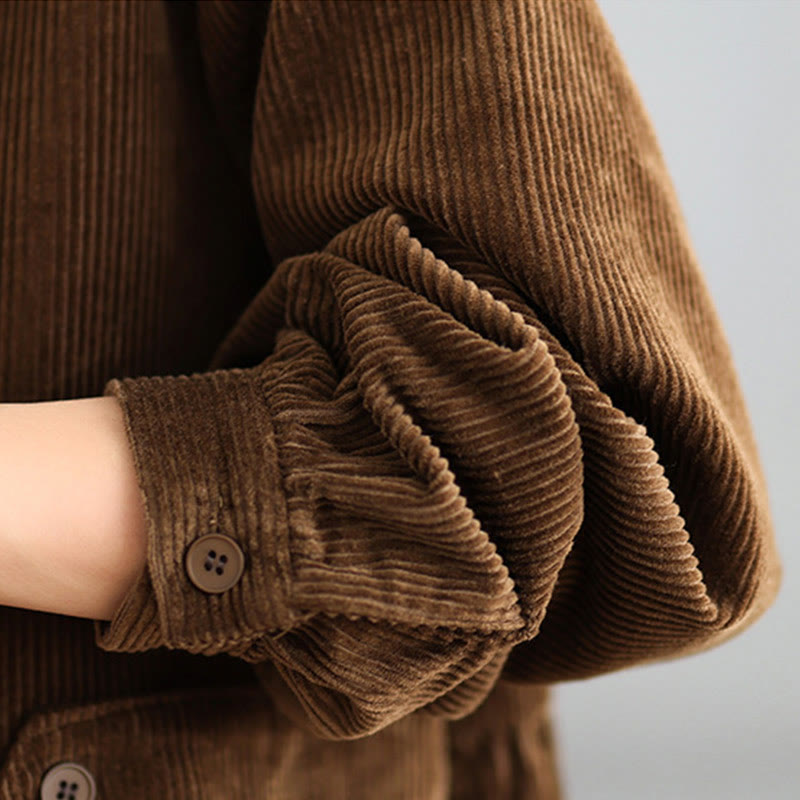 Plain Buttons Long Sleeve Women's Cotton Corduroy Coat With Pockets - Image 8