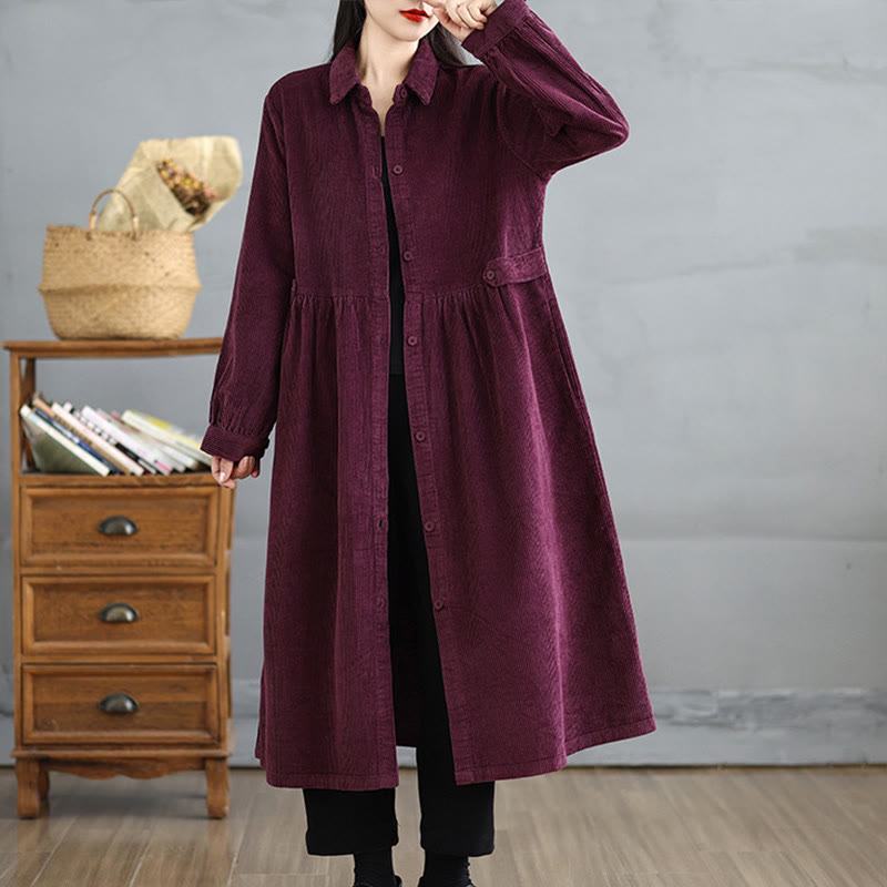 Plain Buttons Long Sleeve Women's Cotton Corduroy Coat With Pockets - Image 21