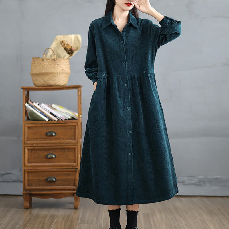 Plain Buttons Long Sleeve Women's Cotton Corduroy Coat With Pockets - Image 26