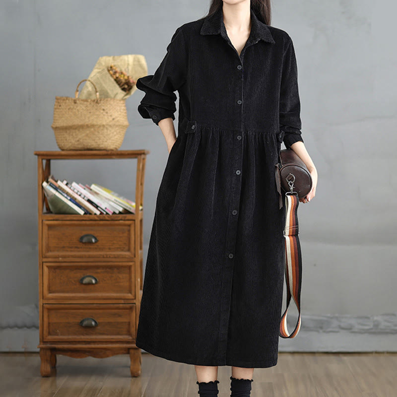 Plain Buttons Long Sleeve Women's Cotton Corduroy Coat With Pockets - Image 12