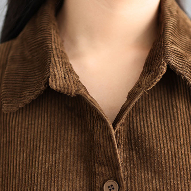 Plain Buttons Long Sleeve Women's Cotton Corduroy Coat With Pockets - Image 7