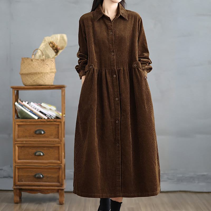 Plain Buttons Long Sleeve Women's Cotton Corduroy Coat With Pockets - Image 6