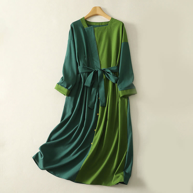 Patched Color Block Desgin Cotton Women's Long Sleeve Midi Dress With Pockets