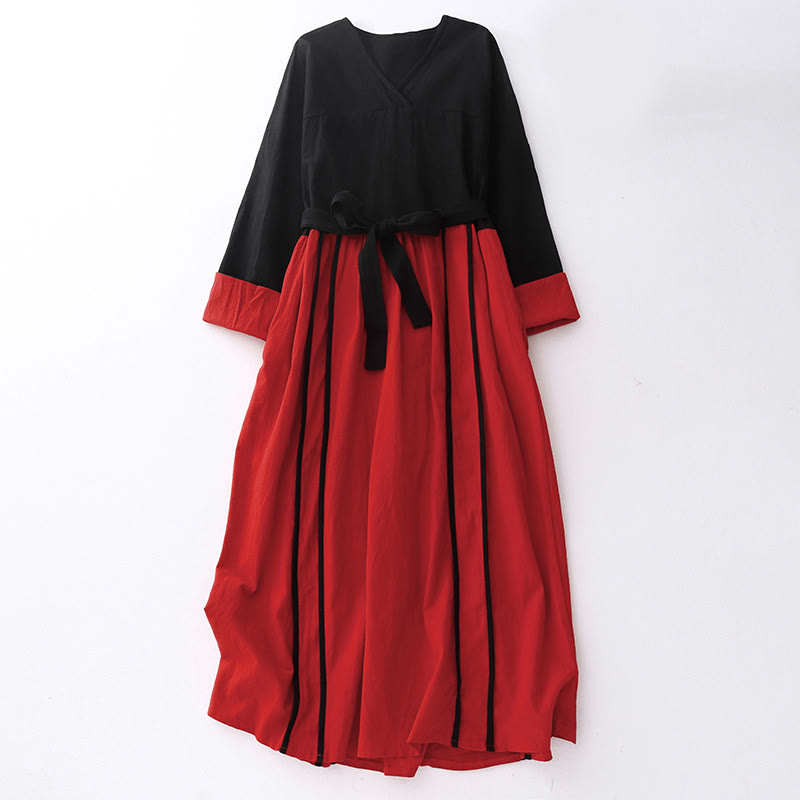 Color Block Lace-Up Desgin Women's Long Sleeve Midi Dress With Pockets