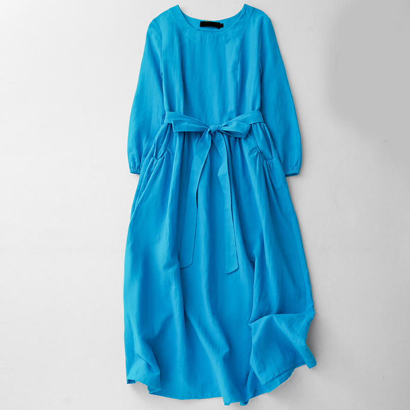 Plain Long Sleeve Lace-up Desgin Women's Cotton Midi Dress With Pockets