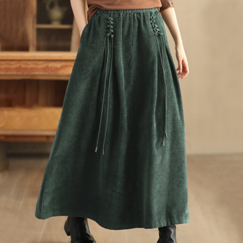 Women's Plain Cotton Corduroy 7-8 Length Skirt With Pockets