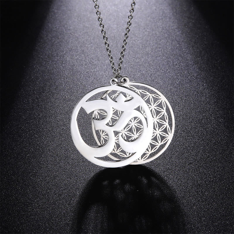 Om Symbol Hollow Flower Design Stainless Steel Connection Necklace Pendant
