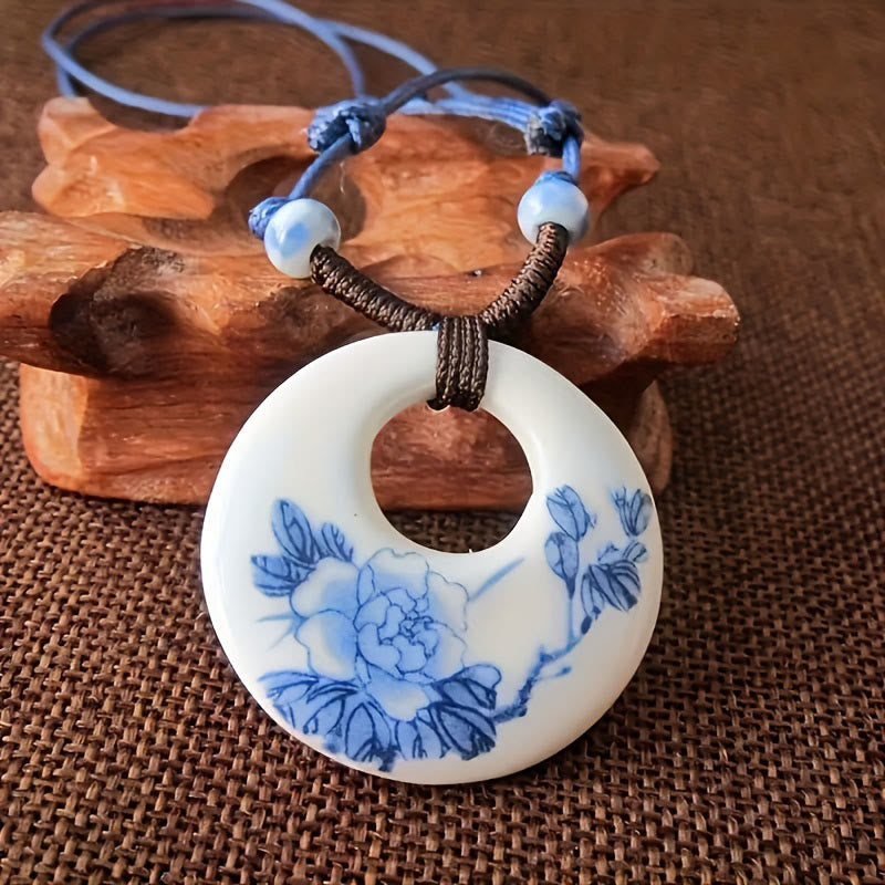 Ethnic Peony Peach Blossoms Lotus Symbol Ceramics Necklace Enlightenment Pendant