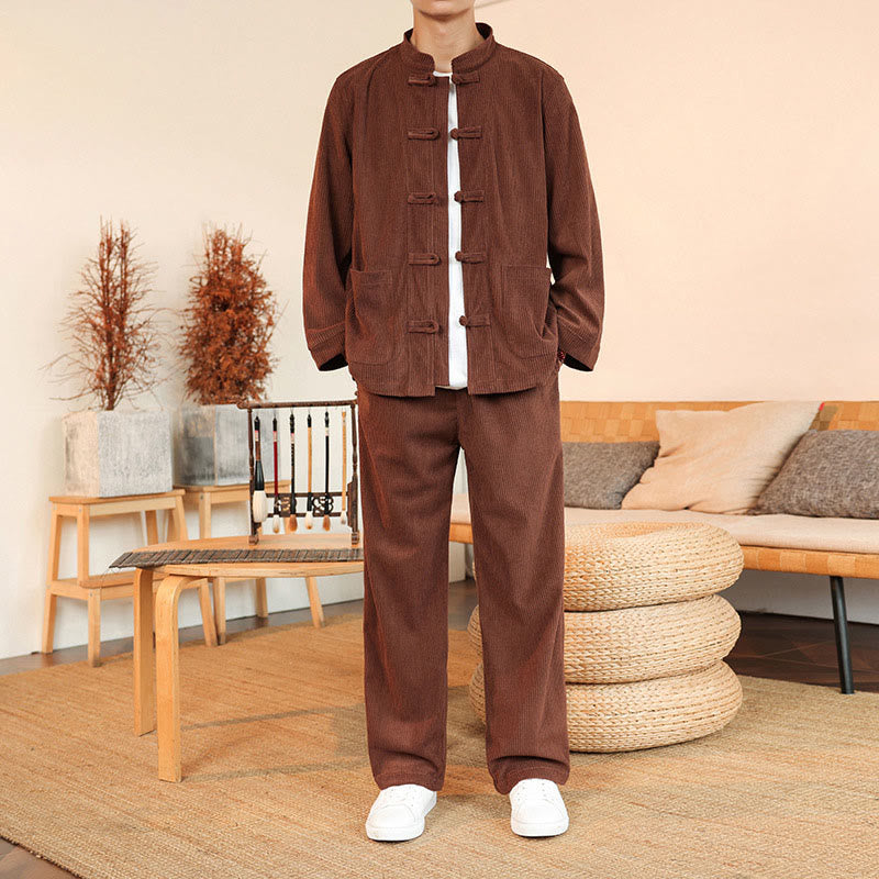 2pcs Plain Men's Frog-button Long Sleeve Shirt Pants Cotton Corduroy Set With Pockets