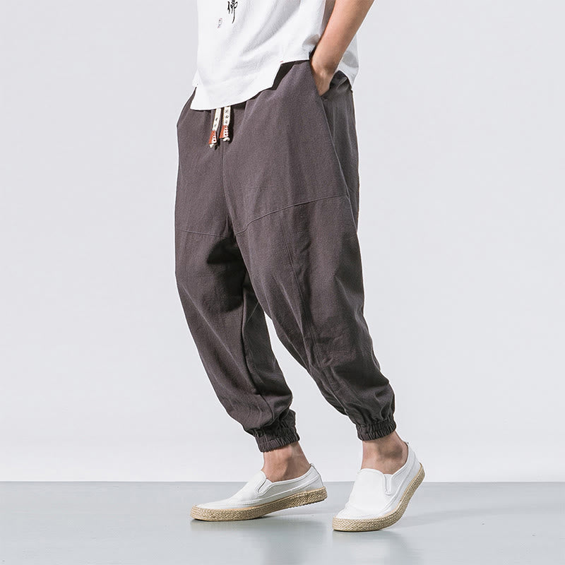 Men's Plain Simple Drawstring Design Cotton Harem Pants With Pockets