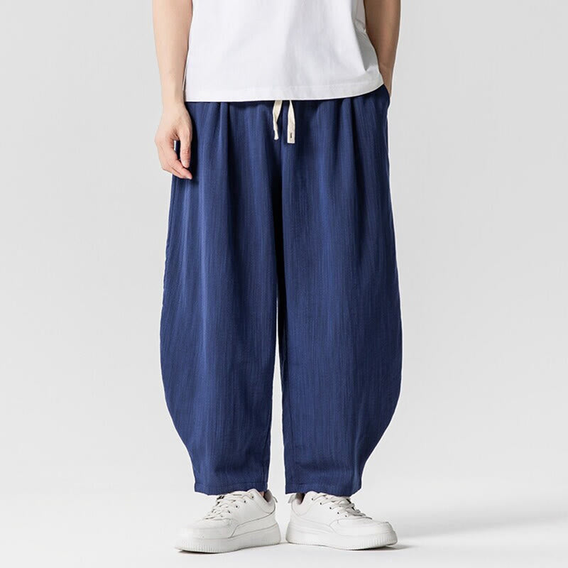 Summer Pure Color Drawstring Men's Cotton Ankle-Length Pants With Pockets
