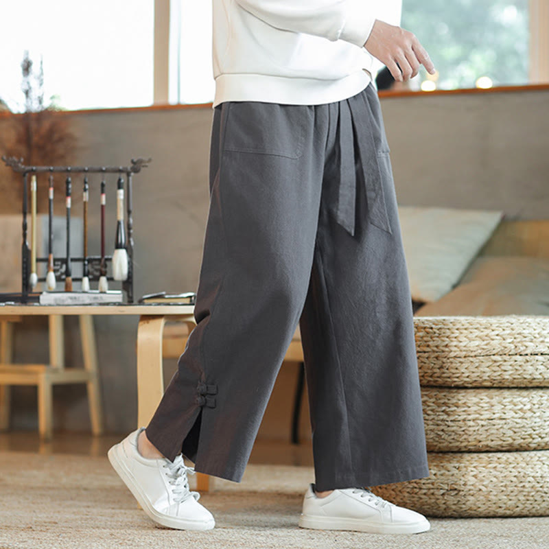 Fall Drawstring Chinese Frog-Button Men's Wide Leg Cotton Pants With Pockets