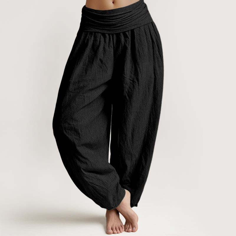 Pure Cotton Plain Black Women's Elastic Waist Harem Pants
