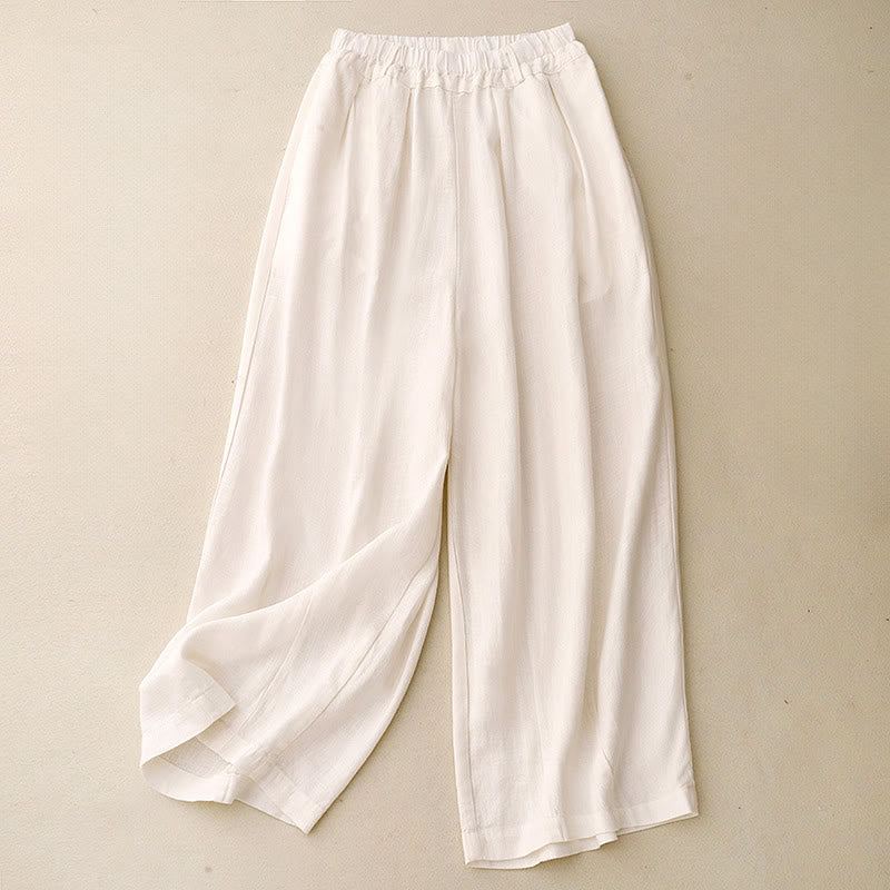 Solid Color Cotton Women's Wide Leg Pants With Pockets - Image 7